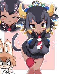 Rule 34 | 2girls, animal ears, black hair, bow, bowtie, brown hair, cow ears, cow girl, cow tail, dhole (kemono friends), elbow gloves, extra ears, fingerless gloves, gloves, goshingyu-sama (kemono friends), hair ornament, highres, jacket, kemono friends, lets0020, long hair, looking at viewer, multicolored hair, multiple girls, necktie, shirt, short hair, simple background, skirt, sleeveless, sleeveless shirt, tail, translation request, yellow eyes