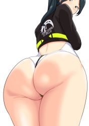 Rule 34 | 1girl, alice gear aegis, ass, ass focus, back, black hair, black jacket, blush, brown eyes, competition swimsuit, cowboy shot, english text, from behind, from below, gluteal fold, guchiaki, huge ass, jacket, logo, long sleeves, looking at viewer, looking down, one-piece swimsuit, ponytail, simple background, solo, swept bangs, swimsuit, thighs, white background, white one-piece swimsuit, yamano kaoruko