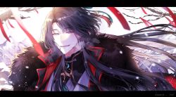 Rule 34 | 1boy, amata1006, black coat, black hair, cape, coat, commentary request, fate/grand order, fate (series), fur-trimmed cape, fur trim, grey eyes, high collar, highres, letterboxed, long hair, looking at viewer, male focus, open mouth, smile, solo, tai gong wang (fate)