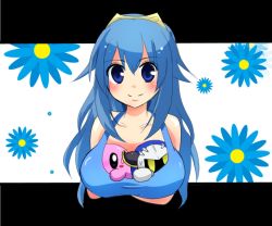 Rule 34 | 1girl, bare shoulders, blue eyes, blue hair, blush, blush stickers, breast padding, fire emblem, kirby, kirby (series), letterboxed, long hair, looking at viewer, lucina (fire emblem), meta knight, nintendo, potetomochi, shiny skin, smile, super smash bros.