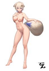 Rule 34 | 1girl, animal ears, beeeeen, breasts, cleft of venus, commentary request, commission, completely nude, dog girl, full body, hair ornament, hairclip, highres, looking at viewer, medium breasts, nipples, nude, original, pixiv commission, pussy, simple background, solo, standing, star (symbol), star hair ornament, tail, toenails, toes, white background
