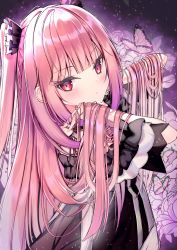 Rule 34 | 1girl, absurdres, bad id, bad twitter id, black dress, blush, bug, butterfly, closed mouth, commentary request, dress, flower, hands in hair, highres, hololive, insect, long hair, looking at viewer, official alternate costume, pink butterfly, pink flower, pink hair, red eyes, short sleeves, solo, tito (osakanakana0 0), two side up, upper body, uruha rushia, uruha rushia (3rd costume), very long hair, virtual youtuber