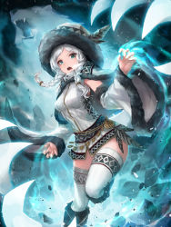 Rule 34 | 1girl, :o, absurdres, bear, blue eyes, boots, braid, capelet, claw pose, crystalherb, detached sleeves, fur trim, hat, hat feather, highres, looking at viewer, open mouth, original, solo, standing, standing on one leg, thighhighs, twin braids, white hair, white thighhighs, wide sleeves