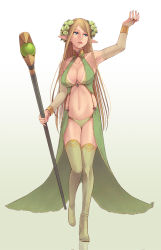 Rule 34 | 1girl, arm up, armpits, bare shoulders, blonde hair, blue eyes, boots, breasts, bridal gauntlets, cleavage, elf, flower, flower wreath, full body, gloves, green eyes, green footwear, green thighhighs, hair flower, hair ornament, holding, holding staff, large breasts, leg up, light smile, long hair, looking to the side, looking up, medium breasts, navel, parted lips, pink lips, pointy ears, revealing clothes, simple background, solo, staff, standing, standing on one leg, stomach, takatsuki kahiro, thigh boots, thighhighs, very long hair, white background, white gloves