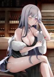 Rule 34 | 1girl, ;), ak-12 (girls&#039; frontline), bar (place), bare legs, bare shoulders, black choker, black dress, blush, breasts, bright pupils, cake, cake slice, chinese commentary, choker, cleavage, closed mouth, collarbone, commentary request, counter, crossed legs, dress, feet out of frame, food, fork, fruit, fur shawl, girls&#039; frontline, hand on own cheek, hand on own face, highres, holding, holding fork, indoors, large breasts, long hair, one eye closed, pelvic curtain, purple eyes, ru zhai, shawl, silver hair, simple background, smile, solo, sparkle, strawberry, thighs, very long hair
