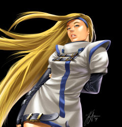 Rule 34 | 1girl, arm behind back, blonde hair, blue eyes, dress, elbow gloves, fingerless gloves, gloves, guilty gear, guilty gear x, guilty gear xx, hand on own arm, headband, holding own arm, lips, long hair, millia rage, nose, parted lips, realistic, sate-bang-somad, short dress, solo, very long hair