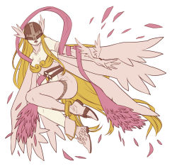 Rule 34 | 1girl, angel, angewomon, anklet, armor, bare shoulders, belt, blonde hair, boots, breastplate, breasts, cleavage, covered eyes, detached sleeves, digimon, digimon (creature), digimon adventure, feathers, gloves, helmet, high heels, jewelry, long hair, magnitude27, midriff, navel, open mouth, outstretched arms, ribbon, shoes, solo, spread arms, suzuki hayase, very long hair, wings