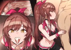 Rule 34 | 1boy, 1girl, after fellatio, bare arms, black choker, breasts, brown hair, censored, choker, cleavage, cum, cum in mouth, cum in throat, cum on tongue, earrings, ejaculation, erection, erere, fellatio, hair between eyes, hetero, hoop earrings, idolmaster, idolmaster shiny colors, internal cumshot, jewelry, long hair, looking at viewer, medium breasts, mosaic censoring, navel, open mouth, oral, osaki amana, penis, ponytail, sidelocks, tongue, tongue out, wrist cuffs, x-ray, yellow eyes