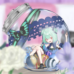 Rule 34 | 1girl, aboreen, blue dress, blue ribbon, bug, butterfly, cleavage cutout, clothing cutout, commentary request, double bun, dress, flat chest, flower, hair between eyes, hair bun, hair ribbon, highres, hololive, in container, in jar, insect, jar, looking at viewer, marble (toy), mini person, minigirl, open mouth, red eyes, ribbon, sidelocks, smile, solo, uruha rushia, uruha rushia (1st costume), v, virtual youtuber
