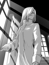 1girl greyscale hair_over_one_eye long_hair long_sleeves metarogu monochrome narbareck robe solo tagme tsukihime type-moon window