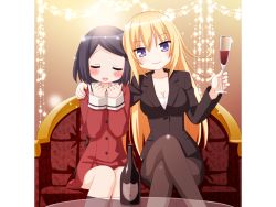 Rule 34 | 2girls, :d, age difference, alcohol, black socks, blonde hair, blue eyes, bottle, breasts, child, clenched hands, couch, crossed legs, cup, drinking glass, formal, game cg, hand on shoulder, houraisen rena, jacket, kani biimu, kneehighs, long hair, multiple girls, onee-loli, open mouth, pantyhose, pencil skirt, purple eyes, school uniform, short hair, sitting, skirt, skirt suit, smile, socks, sono hanabira ni kuchizuke wo, sparkle, suit, wine, wine glass, yuri