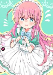 Rule 34 | 1girl, alternate costume, apron, blue eyes, blush, bocchi the rock!, center frills, cube hair ornament, dress, enmaided, flying sweatdrops, frilled apron, frills, gotoh hitori, green dress, hair between eyes, hair ornament, highres, long hair, maid, maid apron, nanami ayane (kusunoki5050), one side up, open mouth, pink hair, puffy short sleeves, puffy sleeves, short sleeves, solo, white apron, white wrist cuffs, wrist cuffs