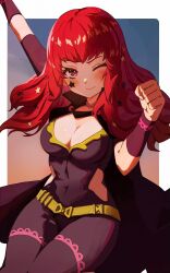 Rule 34 | 1girl, ;), arm up, belt, black cape, blush, breasts, cape, cleavage, clenched hand, commentary, covered navel, cowboy shot, facial mark, fire emblem, fire emblem engage, gbbgb321, hand up, highres, large breasts, looking at viewer, nintendo, one eye closed, red eyes, red hair, smile, solo, star (symbol), thighs, yellow belt, yunaka (fire emblem)