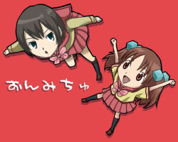 Rule 34 | 00s, 2girls, arms up, bow, brown hair, chibi, chibi only, cube hair ornament, gokujou seitokai, hair ornament, jumping, kneehighs, kutsugi kotoha, long hair, looking at another, looking at viewer, multiple girls, open mouth, oume ayumu, pleated skirt, school uniform, serafuku, short hair, simple background, skirt, smile, socks, twintails