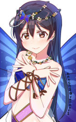 Rule 34 | 1girl, blue hair, blush, commentary request, crossed arms, dress, earrings, hair between eyes, hair ornament, jewelry, long hair, love live!, love live! school idol festival, love live! school idol project, simple background, skull573, solo, sonoda umi, strapless, strapless dress, upper body, white background, yellow eyes