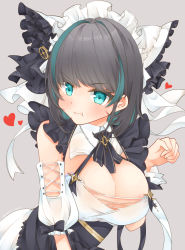 Rule 34 | 1girl, animal ears, aqua eyes, aqua hair, azur lane, bare shoulders, black hair, black ribbon, blush, breasts, cheshire (azur lane), cleavage, commentary request, detached collar, detached sleeves, dress, frilled dress, frilled hairband, frills, grey background, hair intakes, hairband, heart, highres, large breasts, looking at viewer, maid headdress, multicolored hair, neck ribbon, paw pose, pout, puffy detached sleeves, puffy sleeves, ribbon, saekiya sabou, sidelocks, simple background, solo, streaked hair, twitter username, upper body, white dress, wrist cuffs