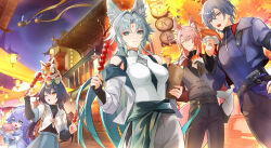 2boys 3girls :o ;o ^_^ absurdres animal_ear_fluff animal_ears arm_behind_back bailu_(honkai:_star_rail) belt black_bridal_gauntlets black_hair black_pants black_shirt blue_eyes blue_gloves blue_jacket blue_shirt blue_skirt breasts bridal_gauntlets character_request check_character closed_eyes closed_mouth commentary_request crossed_bangs dango dragon_horns facial_mark feixiao_(honkai:_star_rail) fingernails food food_request forehead_mark gloves green_eyes grey_hair hair_between_eyes hand_on_own_hip hand_up highres holding holding_food honkai:_star_rail honkai_(series) horns jacket jiaoqiu_(honkai:_star_rail) long_hair long_sleeves looking_at_viewer medium_breasts mitarashi_dango moze_(honkai:_star_rail) multiple_boys multiple_girls nail_polish night okkobc one_eye_closed open_clothes open_jacket open_mouth orange_eyes outdoors pants parted_bangs purple_hair red_nails shirt skirt very_long_hair wagashi white_jacket yunli_(honkai:_star_rail)