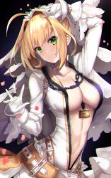 Rule 34 | 1girl, absurdres, ahoge, arm up, belt, between breasts, blonde hair, blush, bodysuit, breasts, bridal veil, chain, chromatic aberration, cleavage, collarbone, commentary, cowboy shot, dress, fate/extra, fate/extra ccc, fate/grand order, fate (series), flower, gloves, green eyes, hair intakes, hand up, highres, large breasts, lock, long sleeves, looking at viewer, medium breasts, nero claudius (bride) (fate), nero claudius (fate), nero claudius (fate) (all), padlock, petals, smile, solo, untue, unzipped, veil, wedding dress, white gloves, zipper, zipper pull tab