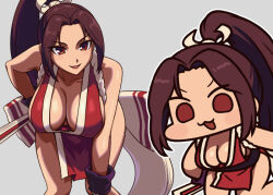 1girl bare_legs breasts brown_hair chibi collarbone curtained_hair fatal_fury feet_out_of_frame folded_fan folding_fan forehead hand_fan high_ponytail holding holding_fan japanese_clothes jazz_jack kimono large_breasts leaning_forward long_hair multiple_views pelvic_curtain red_kimono revealing_clothes rope shimenawa shiranui_mai simple_background the_king_of_fighters very_long_hair