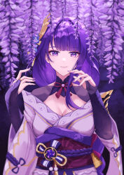 Rule 34 | 1girl, absurdres, breasts, bridal gauntlets, cleavage, floral background, genshin impact, hair ornament, hal aluha, highres, japanese clothes, kimono, long hair, looking at viewer, medium breasts, mole, mole under eye, obi, obiage, obijime, plant request, purple eyes, purple hair, purple kimono, purple nails, raiden shogun, sash, solo, upper body