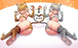 Rule 34 | 2022, 2girls, :d, animal ear fluff, animal ears, ass, bandeau, bikini, blonde hair, blue eyes, blush, breasts, calpish, chinese zodiac, claw pose, double v, elbow gloves, fang, fingernails, gloves, grey hair, grin, heart tail duo, long hair, lying, medium breasts, multicolored hair, multiple girls, on side, open mouth, original, sharp fingernails, slit pupils, smile, swimsuit, symmetry, tail, thighhighs, tiger ears, tiger girl, tiger stripes, tiger tail, underboob, v, year of the tiger, yellow eyes