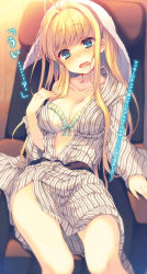 Rule 34 | 1girl, absurdres, antenna hair, aqua eyes, bath yukata, blonde hair, blush, bra, breasts, cleavage, collarbone, green bra, hair over breasts, highres, japanese clothes, kimono, long hair, looking at viewer, massage chair, medium breasts, non-web source, novel illustration, off shoulder, official art, open clothes, open mouth, reia, sidelocks, sitting, solo, striped bra, striped clothes, towel, towel on head, underwear, vertical-striped bra, vertical-striped clothes, yukata