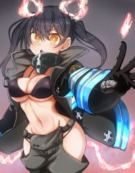 Rule 34 | 1girl, :o, baggy pants, bikini, bikini under clothes, black bikini, black coat, black gloves, black hair, blush, breasts, cleavage, coat, collar, commentary request, cowboy shot, en&#039;en no shouboutai, fiery ears, fiery tail, fire, gloves, grey background, grey pants, groin, hair between eyes, highres, hip vent, long hair, long sleeves, looking at viewer, medium breasts, metal gloves, midriff, navel, ocha no mae, open clothes, open coat, open mouth, pants, sidelocks, simple background, solo, standing, swimsuit, tail, tamaki kotatsu, twintails, underboob, yellow eyes