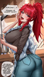 Rule 34 | 1girl, aizawa akemi, apron, ass, black shirt, blurry, blurry background, bowl, breasts, commentary, cup, denim, english text, enma (enmanuelart), frilled apron, frills, from behind, from side, high ponytail, highres, holding, holding ladle, indoors, jeans, kitchen, ladle, large breasts, long hair, looking at viewer, mature female, open mouth, pants, red eyes, red hair, shirt, solo, steam, stove, teeth, tomo-chan wa onna no ko, twisted torso, upper teeth only, white apron