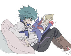 Rule 34 | 1boy, 1other, animal hands, book, buib (mekako chan), cat paws, crystal beast ruby carbuncle, duel academy uniform (yu-gi-oh! gx), duel monster, green eyes, green hair, hair between eyes, holding, holding book, jacket, johan andersen, leaning on object, long sleeves, lying, male focus, multiple animal ears, on person, open mouth, pants, pillow, purple fur, reading, red eyes, school uniform, shirt, short hair, white background, yu-gi-oh!, yu-gi-oh! gx