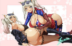 Rule 34 | 2girls, :d, american flag, american flag print, animal ears, ass, bare shoulders, black footwear, black jacket, blonde hair, blue eyes, boots, bottomless, breasts, brown gloves, brown thighhighs, cat ears, cat girl, cleavage, clenched teeth, commentary, commission, cosplay, criss-cross halter, crossover, dark-skinned female, dark skin, dated, elbow gloves, english commentary, eyewear on head, fate/grand order, fate (series), final fantasy, final fantasy xiv, fingerless gloves, flag print, floral print, full body, girl on top, gloves, gyaru, halterneck, high heel boots, high heels, highres, huge breasts, jacket, knee boots, kneeling, kogal, large breasts, leather, leather jacket, looking at viewer, lying, miqo&#039;te, miyamoto musashi (fate), miyamoto musashi (fate/grand order), miyamoto musashi (swimsuit berserker) (fate), miyamoto musashi (swimsuit berserker) (second ascension) (fate), multiple girls, off shoulder, on side, open mouth, pixiv commission, rantia, sagging breasts, shiny skin, shrug (clothing), sideboob, signature, smile, teeth, thighhighs, thighs, upper teeth only, v-shaped eyebrows