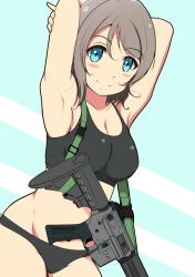 Rule 34 | 1girl, absurdres, ankoiri, ar-15, armpits, arms behind head, arms up, assault rifle, bare shoulders, black panties, blue eyes, blurry, blush, breasts, cleavage, commentary, crop top, gun, highres, large breasts, light brown hair, looking at viewer, love live!, love live! sunshine!!, m4 carbine, midriff, military, panties, rifle, short hair, simple background, sleeveless, smile, solo, sports bra, standing, striped, striped background, tank top, underwear, underwear only, watanabe you, weapon