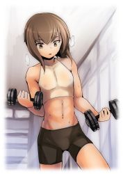Rule 34 | 1girl, absurdres, bare shoulders, black shorts, breasts, brown eyes, brown hair, cowboy shot, dumbbell, flat chest, highres, kantai collection, midriff, navel, short hair, shorts, small breasts, solo, taihou (kancolle), uni (uni-strain)