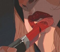 Rule 34 | 1girl, applying makeup, black hair, blush, body blush, close-up, commentary, cosmetics, english commentary, fingernails, from below, glitter, grey background, holding, holding lipstick tube, lipgloss, lips, lipstick tube, loose hair strand, mouth focus, nose blush, original, parted lips, red lips, lipstick tube, sidelighting, simple background, solo, xi zhang