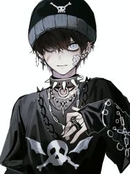 Rule 34 | 1boy, bandaid, beanie, black hair, blue eyes, cgvske1003, chain, chain necklace, collar, ear piercing, earrings, emo fashion, hair over one eye, hat, jewelry, layered sleeves, long sleeves, male focus, multiple rings, necklace, parted lips, piercing, ring, shirt, short hair, short sleeves, skull print, solo, south park, spiked collar, spikes, stan marsh, t-shirt, upper body