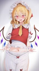 Rule 34 | 1girl, 258n, absurdres, ascot, blonde hair, bloomers, blush, collared shirt, cowboy shot, crystal, fang, flandre scarlet, hair between eyes, hat, highres, holding, holding clothes, long hair, looking at viewer, mob cap, navel, one side up, open mouth, red eyes, red vest, shirt, short sleeves, solo, touhou, underwear, vest, white bloomers, white hat, white shirt, wings, yellow ascot