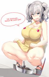 Rule 34 | 10s, 1girl, apron, blue eyes, blush, breasts, chocolate, cleavage, hard-translated, hews, kantai collection, kashima (kancolle), large breasts, long hair, naked apron, open mouth, peeing, shoes, silver hair, smile, solo, speech bubble, squatting, third-party edit, translated, twintails, valentine, wavy mouth, white background