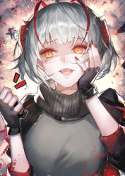 Rule 34 | 1boy, 1girl, absurdres, ahoge, arknights, black gloves, black jacket, black scarf, blush, breasts, cameo, chibi, chinese commentary, controller, dated, detonator, doctor (arknights), explosion, eyelashes, fang, fingerless gloves, gloves, grey shirt, hand on own cheek, hand on own face, highres, horn ornament, horns, jacket, looking at viewer, medium breasts, multicolored hair, nail polish, open clothes, open jacket, open mouth, orange eyes, red hair, red nails, remote control, scarf, shirt, short hair, signature, silver hair, slit pupils, smile, solo focus, spade-m, streaked hair, two-tone hair, upper body, w (arknights)