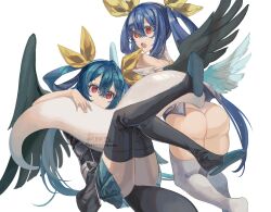 Rule 34 | 2girls, absurdres, alternate color, angel wings, ass, asymmetrical wings, back, bare shoulders, belt, blue hair, butt crack, choker, dizzy (guilty gear), dual persona, feathered wings, guilty gear, guilty gear xrd, hair ribbon, hair rings, highres, monster girl, multiple girls, navel, o-ring, o-ring top, oeillet vie, open mouth, panties, red eyes, ribbon, sidelocks, simple background, slippers, tail, thick thighs, thighhighs, thighs, twintails, twitter username, underwear, white background, white panties, white wings, wings, yellow ribbon