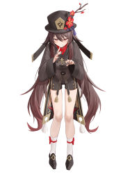 Rule 34 | 1girl, absurdres, black footwear, black nails, branch, brown hair, brown shorts, coattails, collared coat, flower, full body, gdd (vkejr702), genshin impact, grin, hands up, hat, hat ornament, highres, hu tao (genshin impact), jewelry, long hair, long sleeves, looking at viewer, nail polish, plum blossoms, porkpie hat, red eyes, red shirt, ring, shirt, shoes, shorts, simple background, smile, socks, solo, standing, star-shaped pupils, star (symbol), symbol-shaped pupils, tassel, twintails, very long hair, white background, white socks