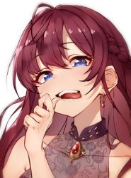 Rule 34 | 1girl, ahoge, arm up, bare shoulders, blue eyes, blush, braid, brooch, brown hair, collarbone, commentary, earrings, finger to mouth, floral print, ichinose shiki, idolmaster, idolmaster cinderella girls, idolmaster cinderella girls starlight stage, jewelry, kakaobataa, lazy lazy (idolmaster), lips, long hair, looking at viewer, open mouth, rose print, see-through, side braid, simple background, sleeveless, smile, solo, teeth, tongue, tongue out, upper body, wavy hair, white background