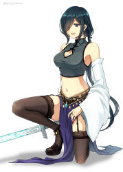 Rule 34 | 1girl, black hair, black thighhighs, blue eyes, breasts, cleavage, cleavage cutout, clothing cutout, crop top, detached sleeves, floating hair, full body, garter straps, hair between eyes, highres, holding, holding sword, holding weapon, jewelry, long hair, long sleeves, low ponytail, medium breasts, midriff, mole, mole under mouth, navel, on one knee, original, parted lips, ring, setu kurokawa, simple background, smile, solo, stomach, sword, thighhighs, twitter username, very long hair, weapon, white background, white sleeves, wide sleeves