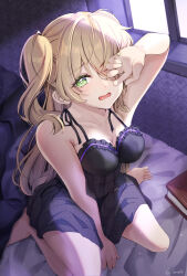 Rule 34 | 1girl, a tento64, bare shoulders, blonde hair, blush, breasts, cleavage, fischl (genshin impact), genshin impact, green eyes, highres, long hair, looking at viewer, medium breasts, morning, nightgown, on bed, one eye closed, open mouth, sleepwear, sleepy, two side up, waking up, yawning
