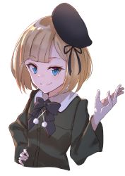 Rule 34 | 1girl, aged down, beret, black bow, black hat, black ribbon, blonde hair, blue eyes, blush, bow, closed mouth, collared dress, commentary request, cropped torso, dress, fate (series), green dress, hand on own hip, hand up, hat, highres, long sleeves, lord el-melloi ii case files, reines el-melloi archisorte, ribbon, short hair, smile, solo, tapioka (oekakitapioka), tilted headwear, upper body, wide sleeves