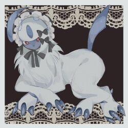 absol abstract_background animal_focus black_ribbon blue_fur blue_tail body_fur bright_pupils creatures_(company) frilled_hairband frills full_body game_freak gen_3_pokemon hairband highres looking_at_viewer lying momohu33 nintendo no_humans outline pokemon pokemon_(creature) pokemon_focus red_eyes ribbon solo white_fur white_outline white_pupils