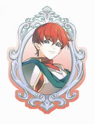 Rule 34 | 1boy, adol christin, armor, closed mouth, crossed bangs, eien galaxy ko, grey eyes, highres, picture frame, portrait, red hair, red shirt, shirt, short hair, shoulder armor, simple background, solo, upper body, ys