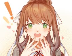 Rule 34 | !, !!, 1girl, :d, brown hair, brown jacket, chinese commentary, doki doki literature club, green eyes, hands on own face, happy, heart, high ponytail, highres, jacket, long hair, monika (doki doki literature club), neck ribbon, open clothes, open jacket, open mouth, portrait, puruii, red ribbon, ribbon, shirt, smile, solo, teeth, upper teeth only, white shirt