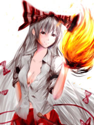Rule 34 | 1girl, bad id, bad pixiv id, bow, breasts, cleavage, collarbone, dress shirt, female focus, fire, fujiwara no mokou, hair bow, highres, long hair, matsukaze881, navel, no bra, red eyes, shirt, simple background, sketch, sleeves rolled up, smile, solo, suspenders, touhou, upper body, very long hair
