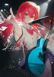 Rule 34 | 1girl, amplifier, blue skirt, blush, bocchi the rock!, bow, bowtie, buttons, character name, covered mouth, cowboy shot, double-breasted, dutch angle, electric guitar, from side, guitar, hair between eyes, highres, holding, holding instrument, index finger raised, instrument, kita ikuyo, kuroduki (pieat), long hair, looking at viewer, microphone, microphone stand, miniskirt, pleated skirt, pointing, pointing at viewer, red bow, red bowtie, red curtains, red hair, shirt, short sleeves, sidelocks, skirt, solo, stage, stage lights, sweat, thighhighs, v-shaped eyebrows, white shirt, white thighhighs, yellow eyes