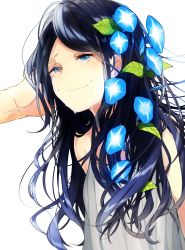 Rule 34 | 1girl, arms at sides, bare shoulders, black hair, blue eyes, closed mouth, crying, crying with eyes open, flower, hair flower, hair ornament, hand on another&#039;s face, highres, long hair, morning glory, original, out of frame, simple background, smile, sogawa66, solo focus, tears, upper body, white background