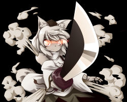 Rule 34 | 1girl, animal ears, bare shoulders, black background, detached sleeves, glowing, glowing eyes, grey hair, hat, highres, inubashiri momiji, joints, mechanization, pom pom (clothes), red eyes, robot, robot joints, ryuu (multitask), short hair, simple background, solo, steam, sword, tail, tokin hat, touhou, weapon, wolf ears, wolf tail